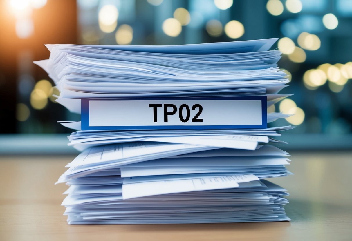 Une pile de documents de marchés publics avec l'index TP02 surligné