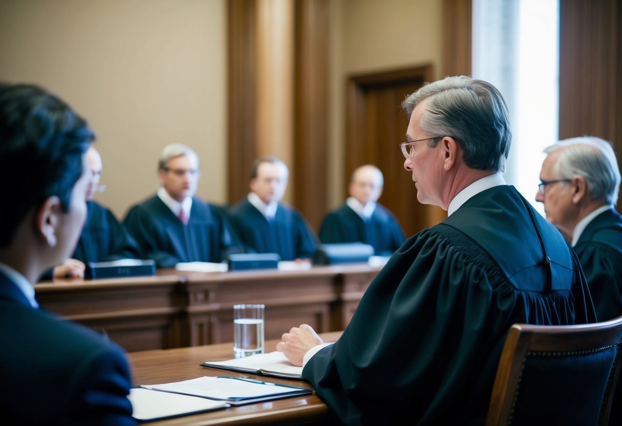 Une salle d'audience avec un juge présidant une discussion juridique sur l'utilisation de l'index TP02 dans les marchés publics.
