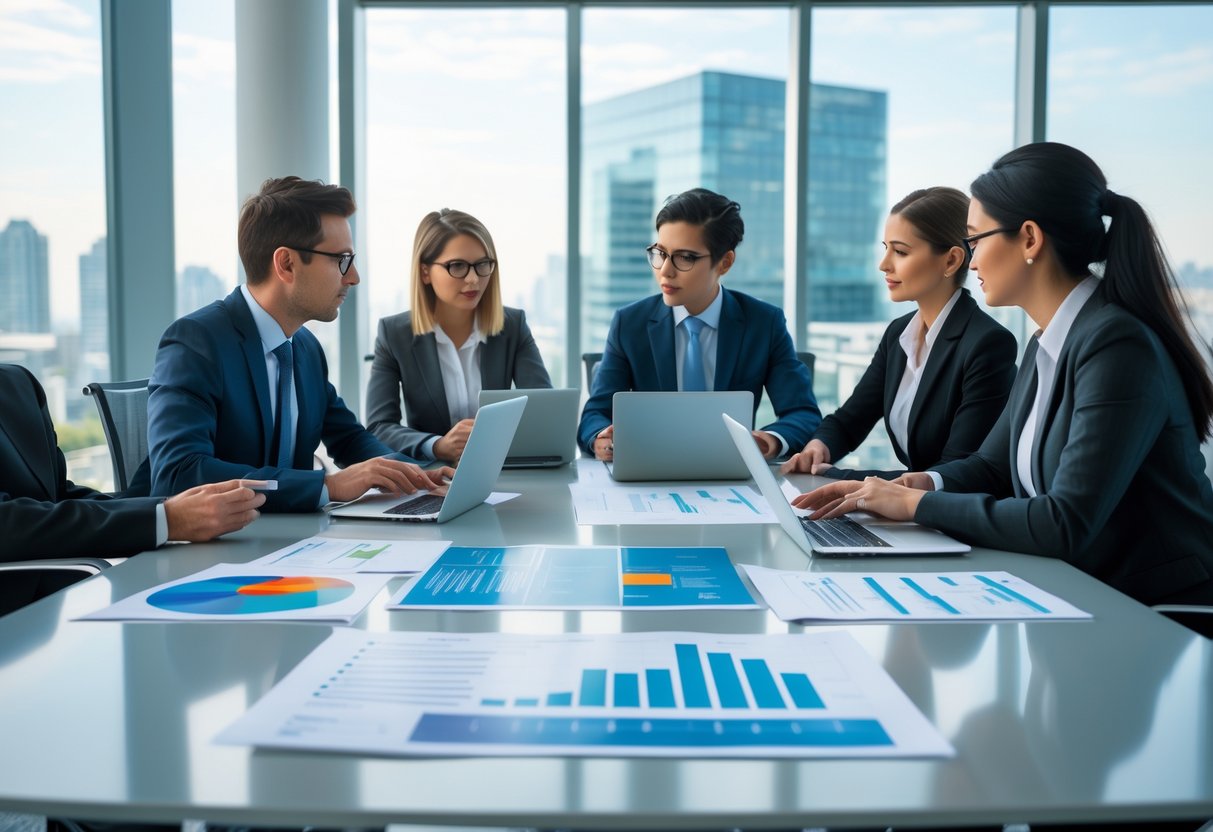 Une réunion d’affaires avec plusieurs professionnels autour d’une table, discutant et analysant des documents et graphiques dans un bureau moderne avec vue sur la ville.