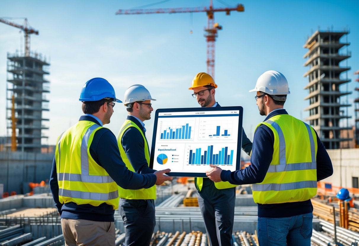 Des ouvriers sur un chantier de construction examinent des données sur une tablette numérique avec des bâtiments en construction en arrière-plan.