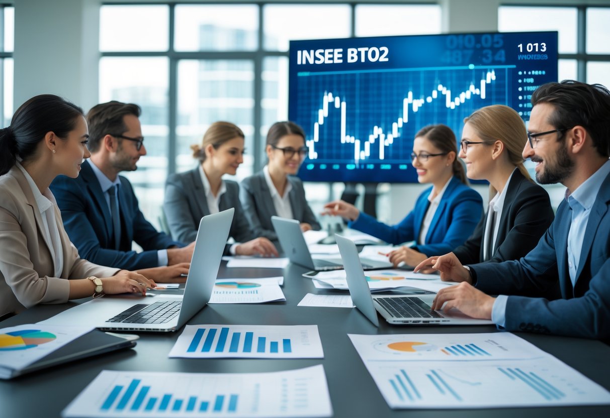 Des professionnels en réunion autour d'une table avec des ordinateurs et des graphiques financiers dans un bureau moderne.