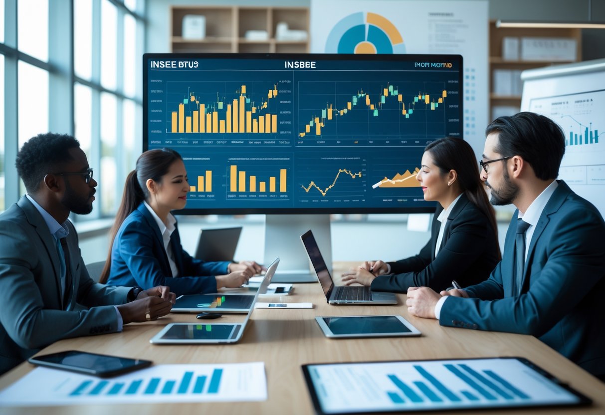 Des professionnels en réunion dans un bureau moderne examinant des graphiques financiers sur un écran numérique.