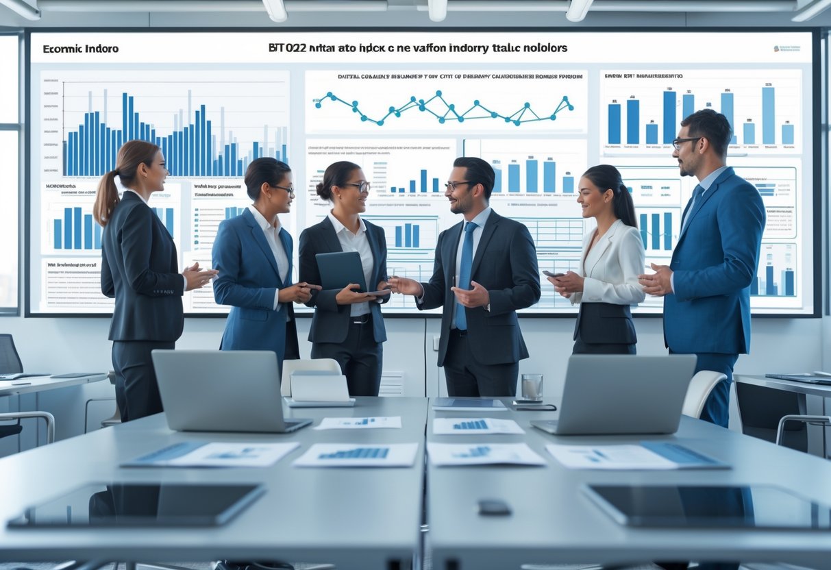 Des professionnels en réunion dans un bureau moderne analysant des graphiques économiques sur un grand écran digital.