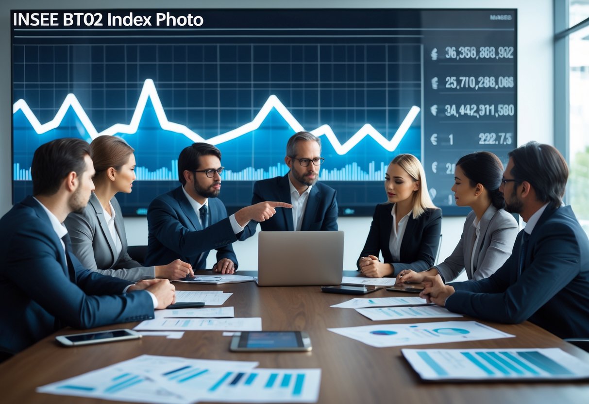 Des professionnels en réunion autour d'une table avec des graphiques financiers affichés sur un grand écran en arrière-plan.