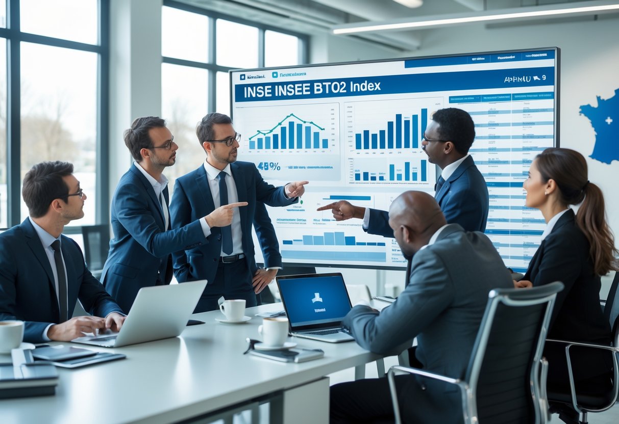 Des professionnels en réunion autour d'un écran affichant des graphiques et des données économiques dans un bureau moderne lumineux.