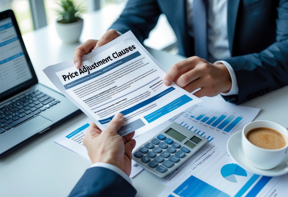Un professionnel examine des documents financiers sur un bureau avec un ordinateur portable, une calculatrice et une tasse de café.