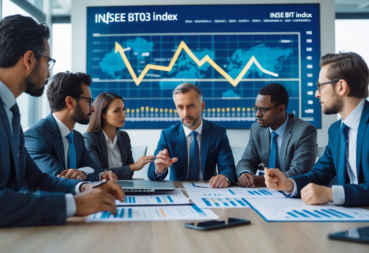 Des professionnels en réunion autour d'une table de conférence, examinant des graphiques financiers et discutant sérieusement dans un bureau moderne.