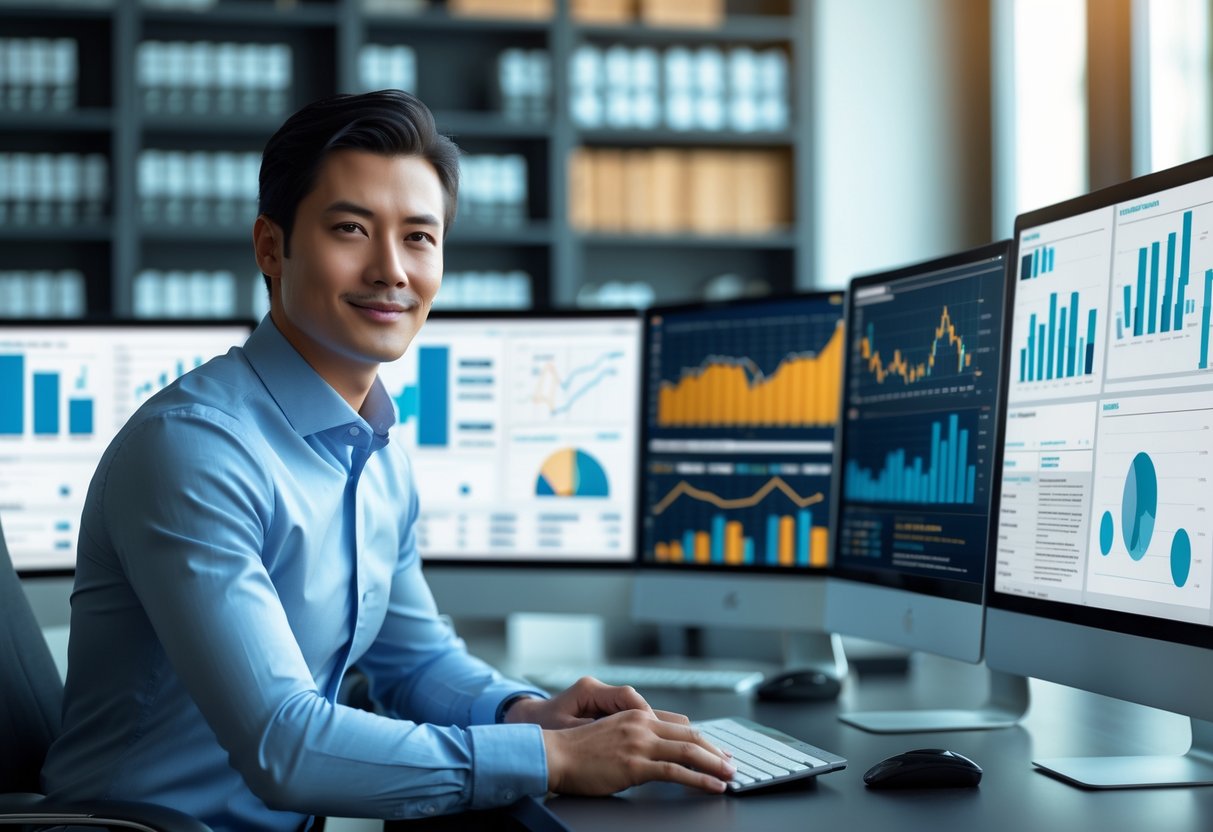 Un professionnel travaillant à un bureau moderne avec plusieurs écrans affichant des graphiques et des données économiques.