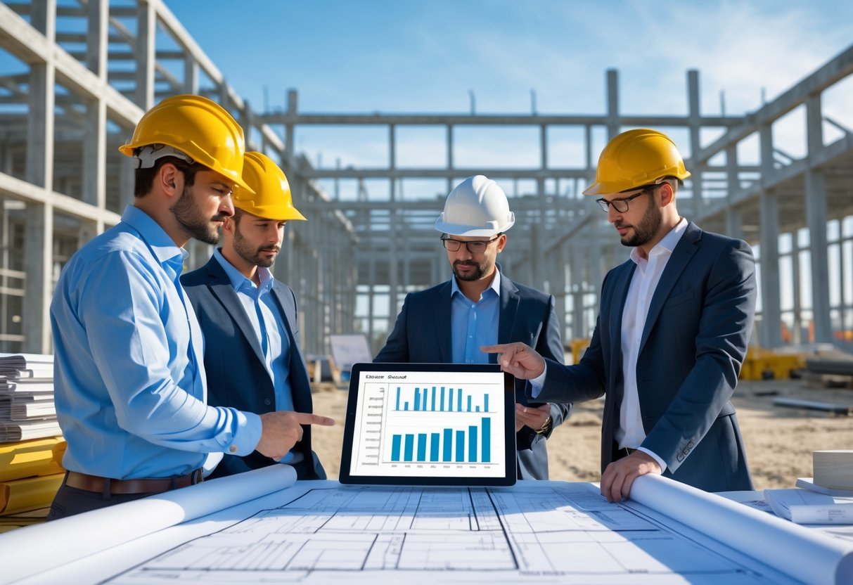 Des architectes et ingénieurs examinent des plans et des tablettes numériques sur un chantier de construction moderne avec une structure de bâtiment en arrière-plan.