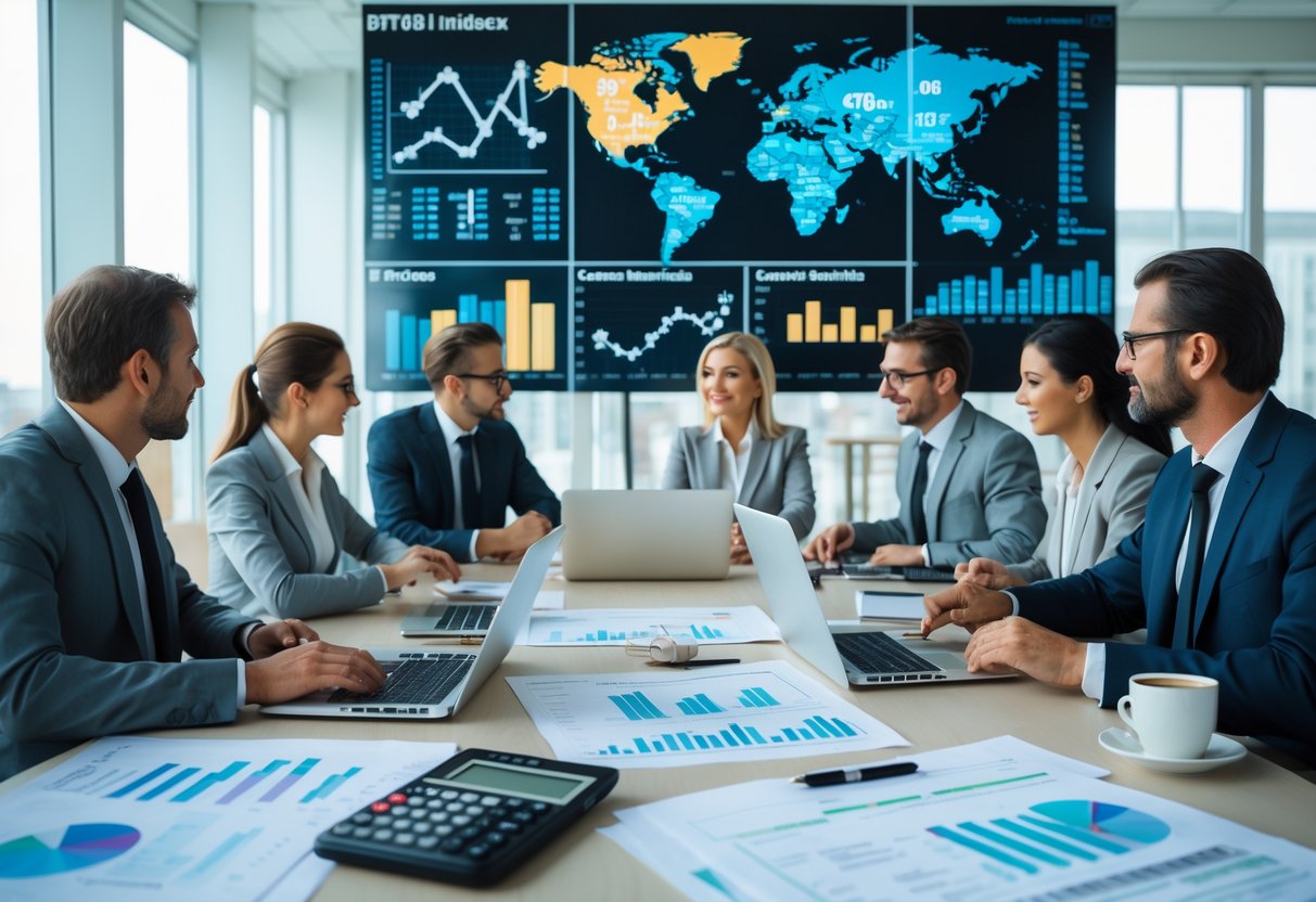 Des professionnels en réunion autour d'une table de conférence avec des ordinateurs portables et des graphiques, discutant de données financières liées aux marchés publics.