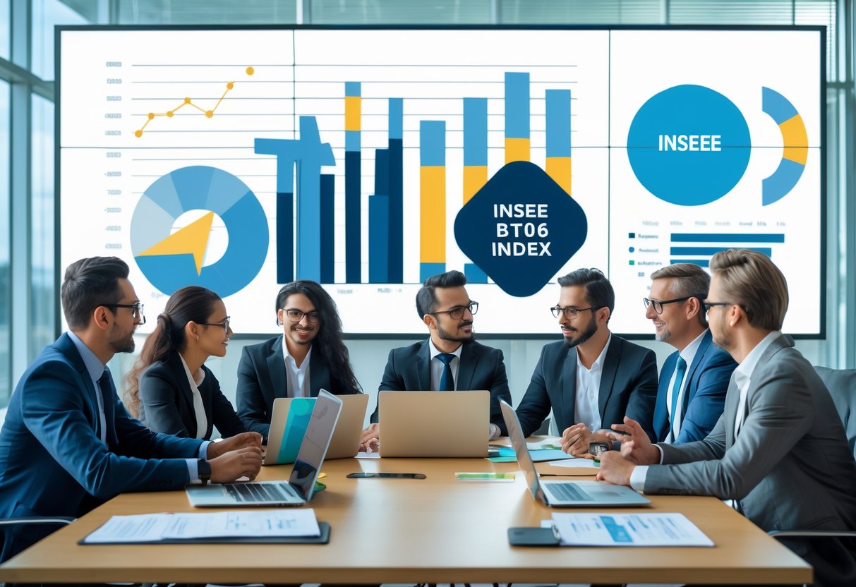 Des professionnels en réunion autour d'une table discutant de stratégies avec des graphiques de données visibles en arrière-plan.