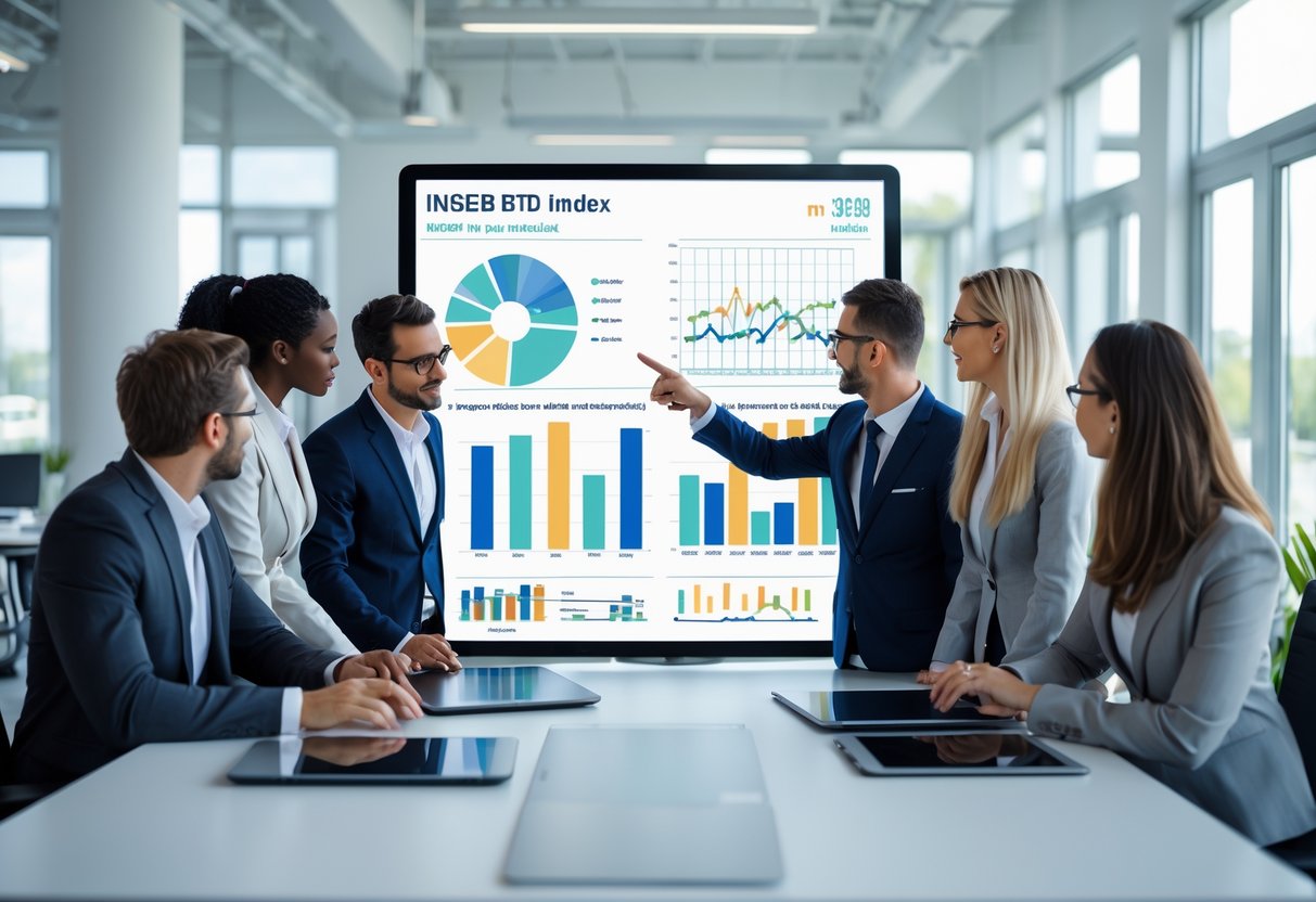 Un groupe de professionnels en réunion autour d'une table numérique affichant des graphiques et des données économiques dans un bureau moderne et lumineux.