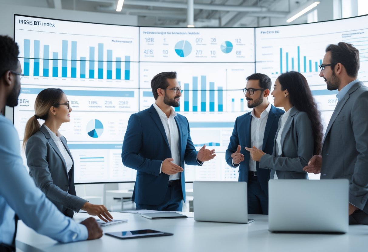 Des professionnels discutant autour d’un écran numérique affichant des graphiques et des données dans un bureau moderne et lumineux.
