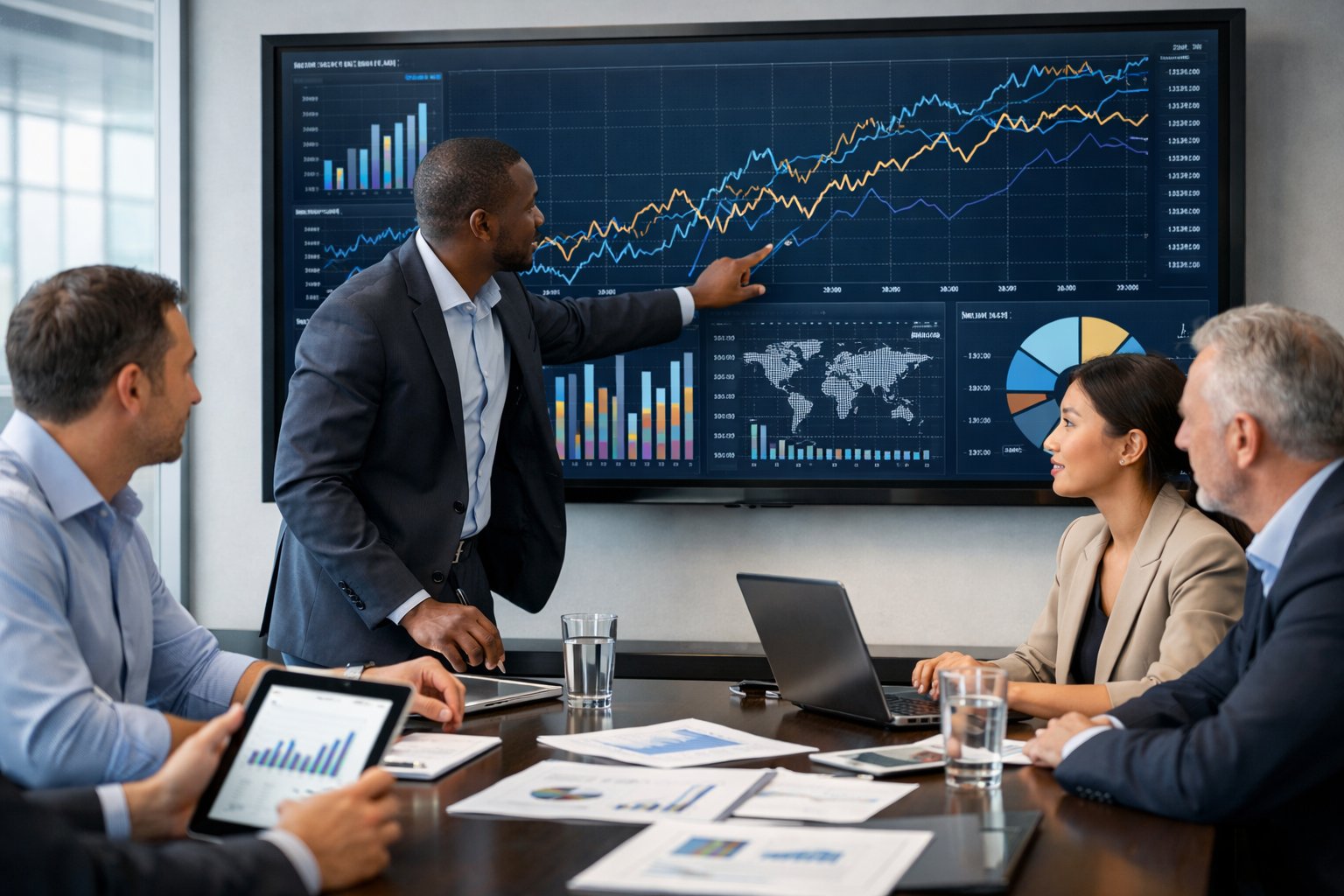 Des professionnels en réunion autour d'un écran numérique affichant des graphiques financiers dans un bureau moderne.