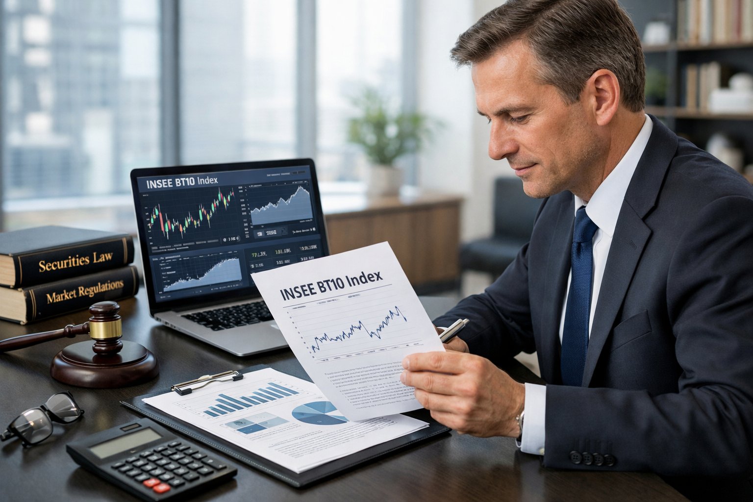 Un professionnel en tenue formelle examine des documents et des graphiques dans un bureau lumineux et organisé.