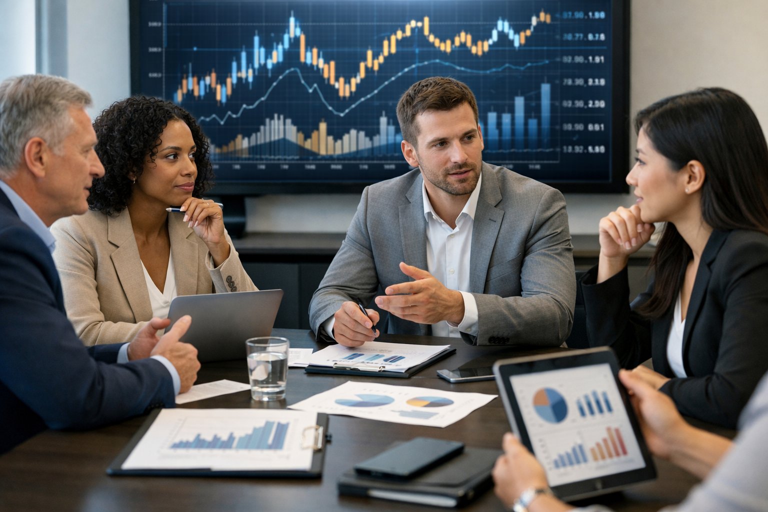 Un groupe de professionnels en réunion autour d'une table avec des ordinateurs et des graphiques financiers, discutant de données économiques dans un bureau moderne.