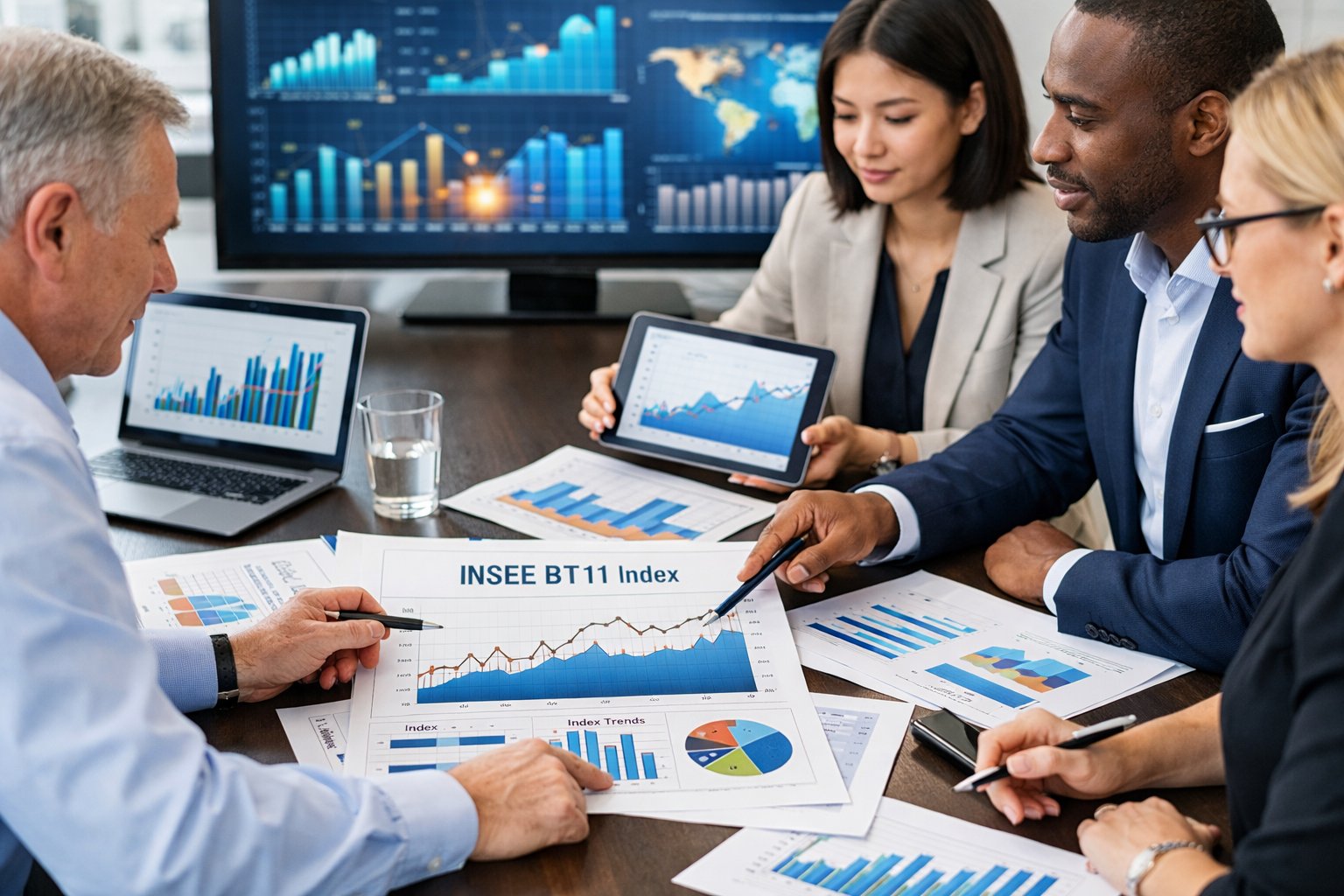 Un groupe de professionnels en réunion autour d'une table avec des ordinateurs portables et des graphiques de données, discutant dans un bureau moderne.