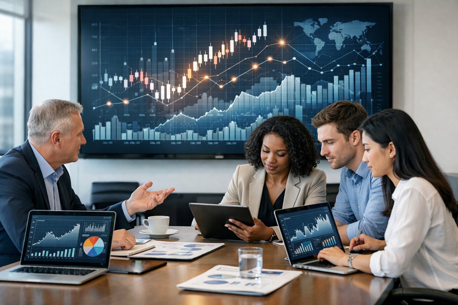 Des professionnels travaillent ensemble autour d'une table avec des ordinateurs affichant des graphiques et des données économiques dans un bureau moderne.