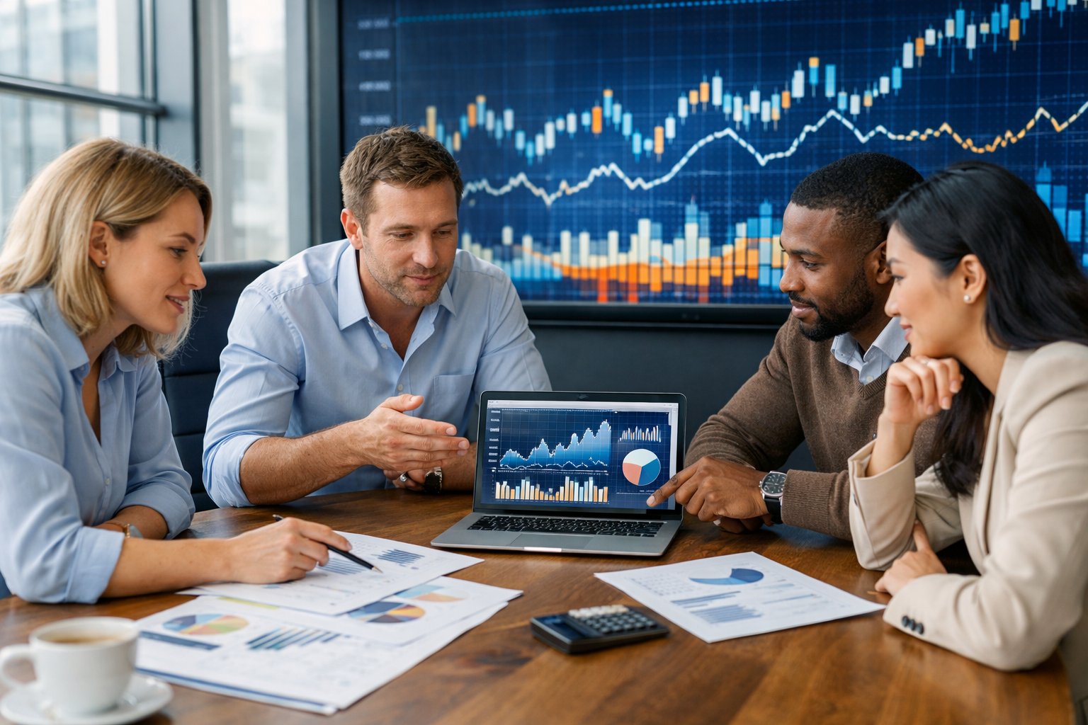 Des professionnels en réunion autour d'une table de travail avec des documents et un ordinateur affichant des graphiques financiers dans un bureau moderne lumineux.