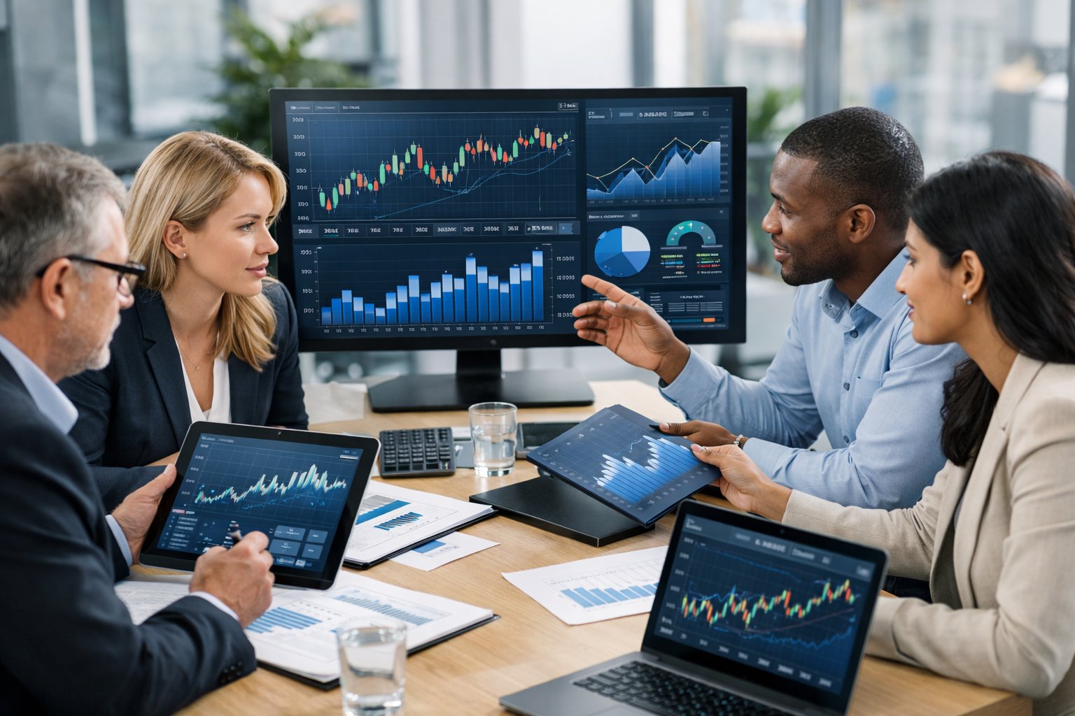 Des professionnels en réunion dans un bureau moderne analysant des graphiques et des données économiques sur des écrans pour la révision des prix.