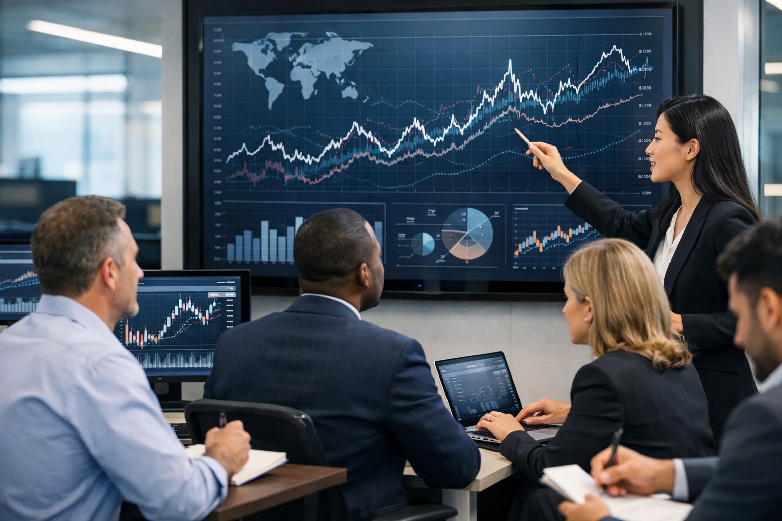 Un groupe de professionnels en réunion dans un bureau moderne, analysant des graphiques économiques sur un grand écran numérique.