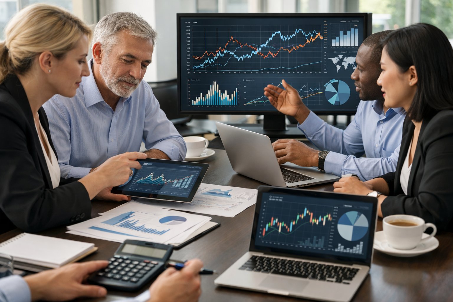 Un groupe de professionnels travaillant ensemble autour d'un bureau avec des ordinateurs affichant des graphiques économiques dans un bureau lumineux.