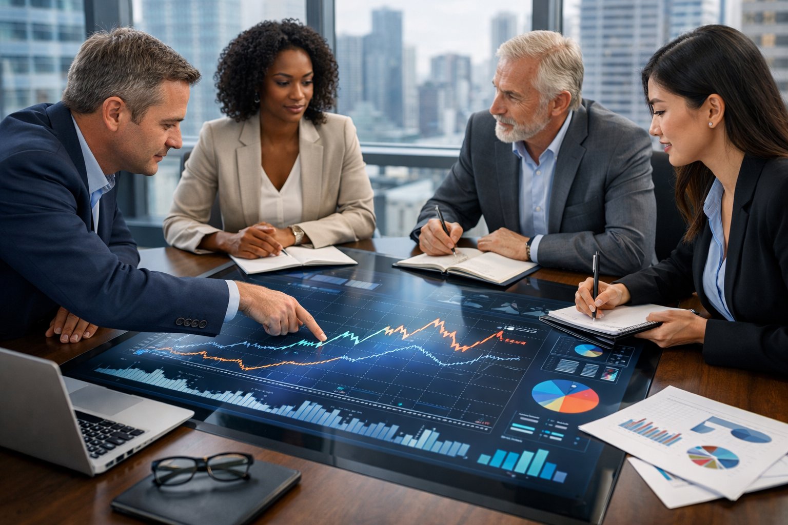 Un groupe de professionnels en réunion autour d'une table numérique affichant des graphiques économiques dans un bureau moderne avec vue sur la ville.
