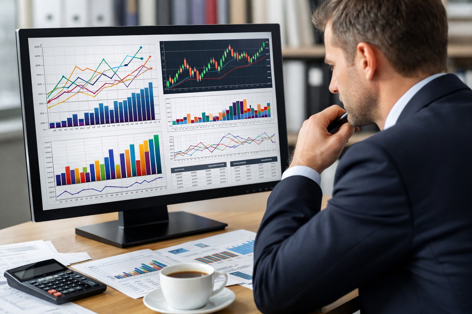 Un professionnel en bureau examine des graphiques financiers colorés sur un grand écran d'ordinateur, entouré de documents et d'outils de travail.