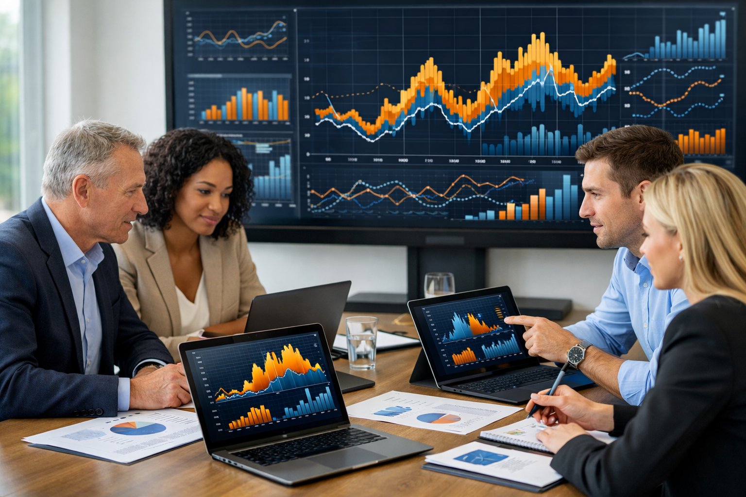 Des professionnels en réunion autour d'une table avec des ordinateurs et des graphiques économiques, analysant des données dans un bureau moderne.