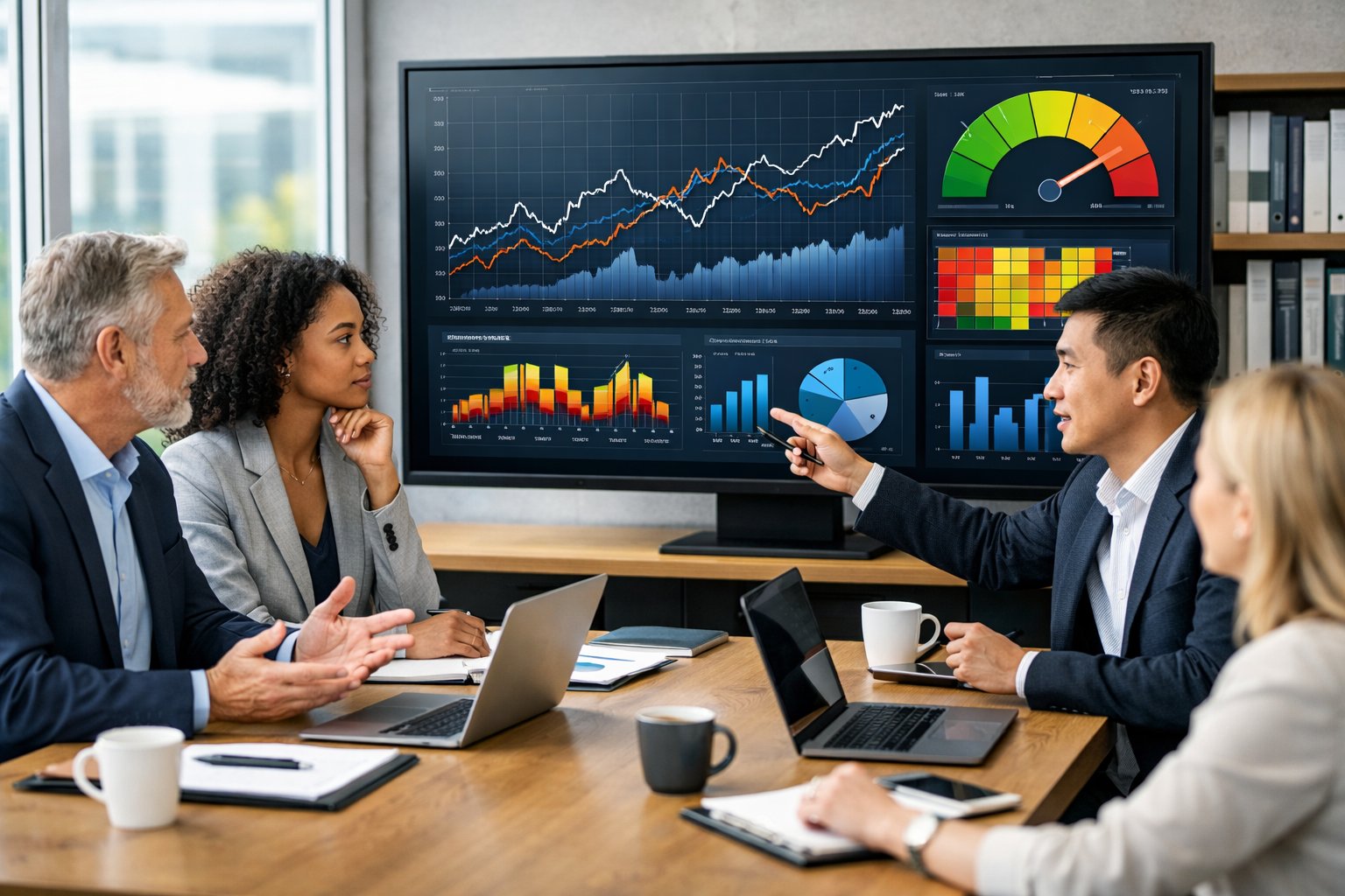 Des professionnels en réunion dans un bureau moderne, examinant des graphiques et des données financières sur un écran numérique.