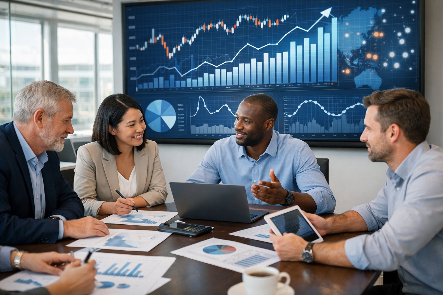 Des professionnels en réunion dans un bureau moderne, analysant des graphiques et des données économiques sur des écrans et des documents.