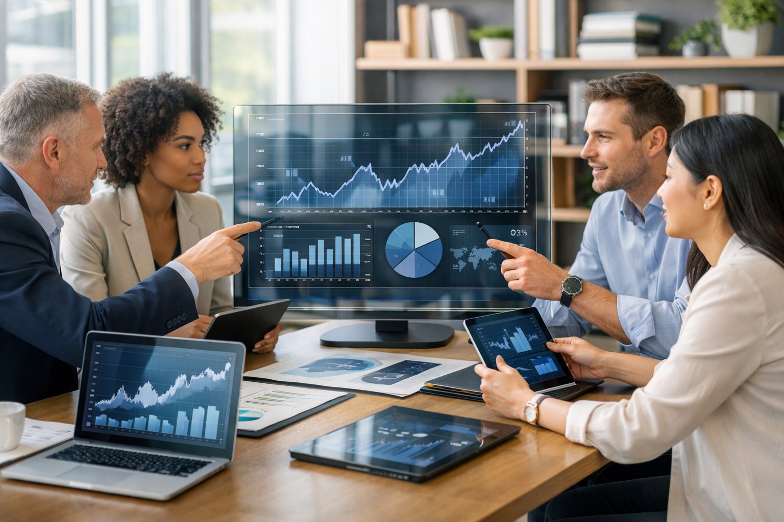 Un groupe de professionnels en réunion dans un bureau moderne, analysant des graphiques et des données sur des écrans numériques.