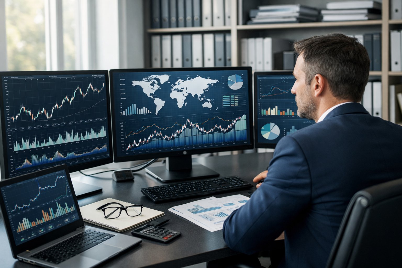 Un analyste économique travaille à un bureau moderne avec plusieurs écrans affichant des graphiques et des données financières.
