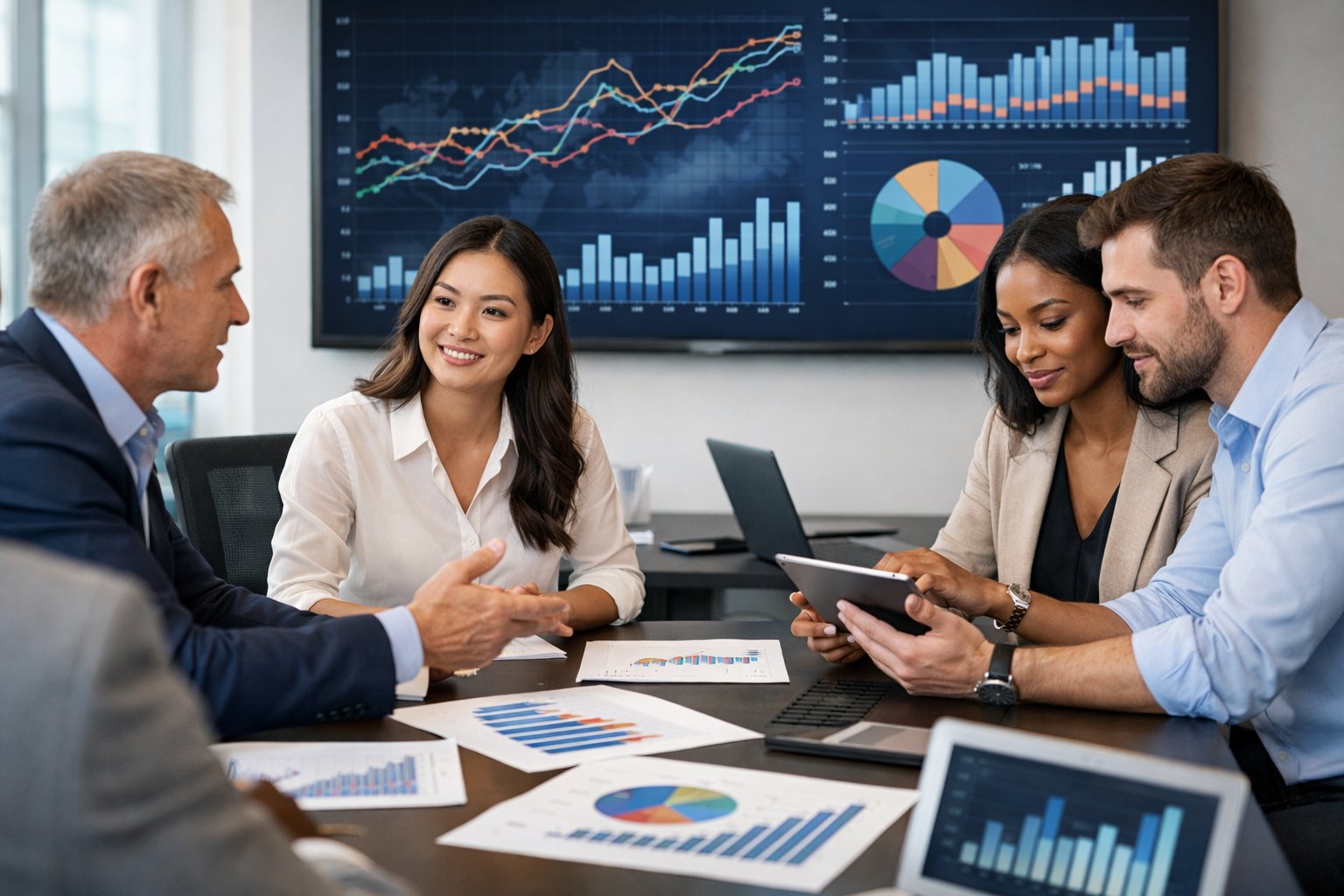 Des professionnels en réunion autour d'une table avec des ordinateurs et des graphiques économiques dans un bureau moderne.