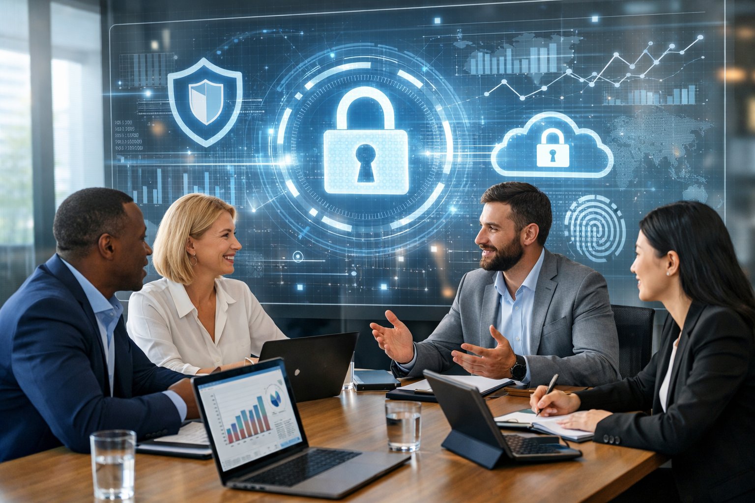 Des professionnels en réunion autour d'une table de conférence avec des ordinateurs et des graphiques numériques représentant la sécurité des données.