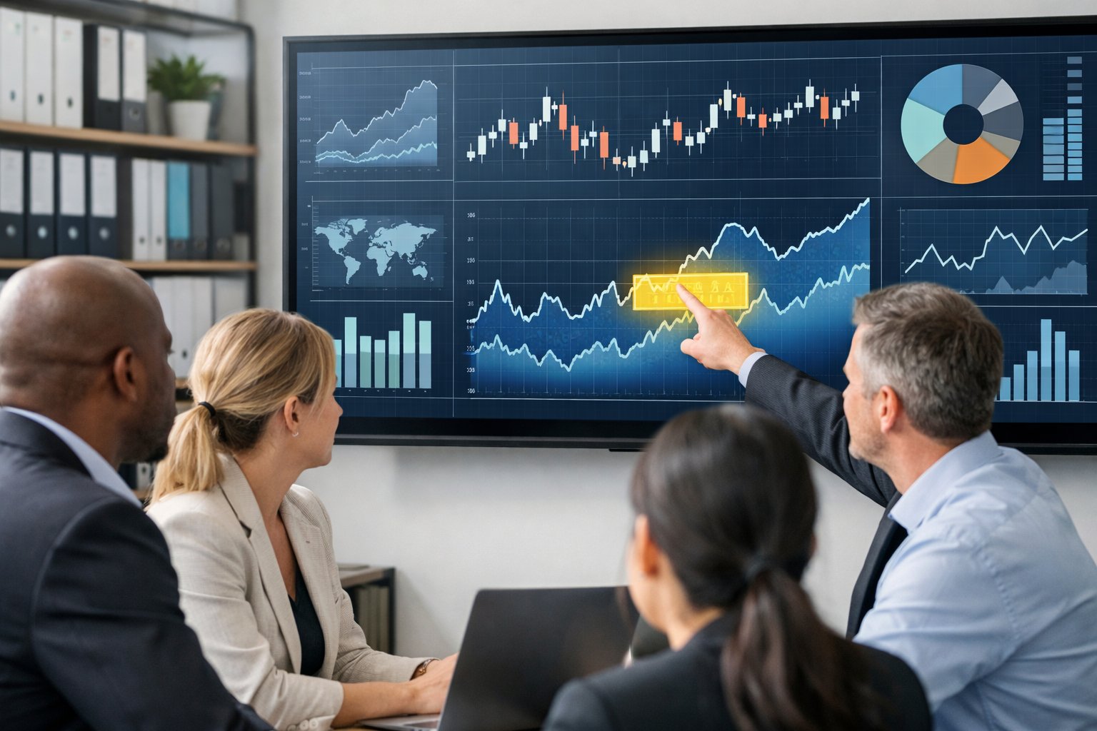 Des professionnels en réunion autour d'un écran affichant des graphiques économiques dans un bureau moderne.