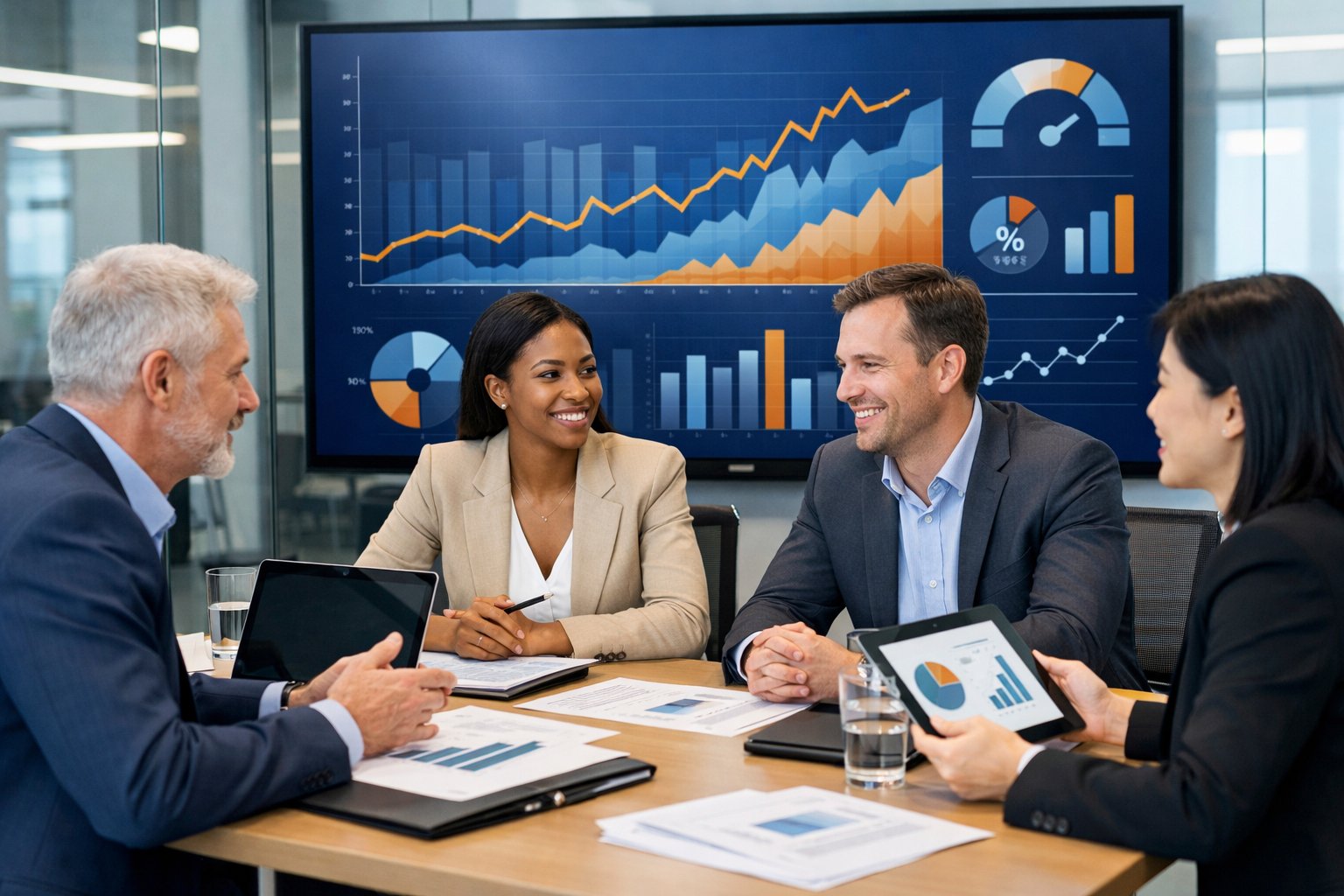Des professionnels en réunion dans un bureau moderne, travaillant ensemble autour d'une table avec des ordinateurs et des graphiques à l'écran.