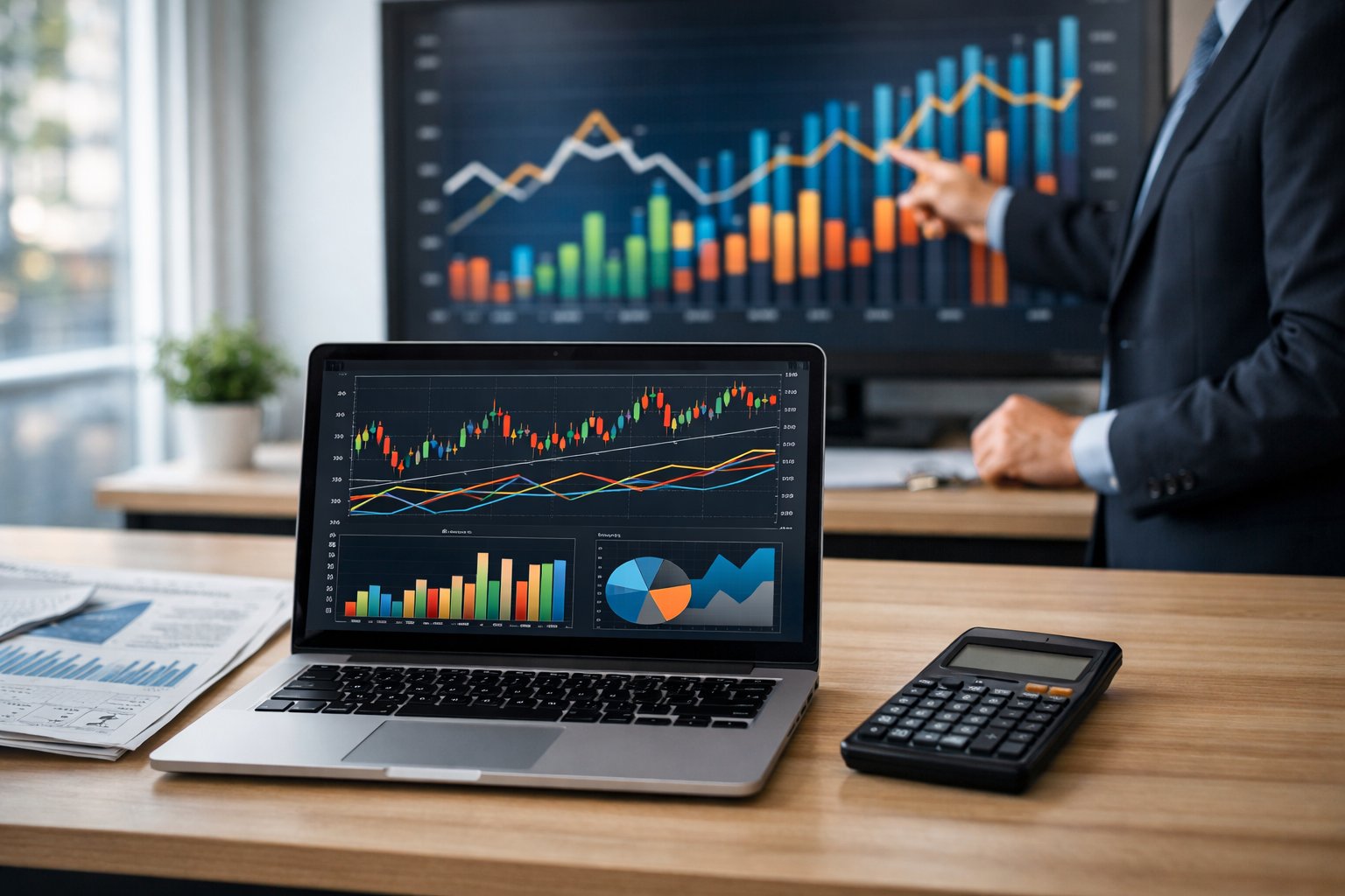 Un bureau moderne avec un ordinateur portable affichant des graphiques économiques, une calculatrice, et une personne en tenue professionnelle analysant des données sur un grand écran.