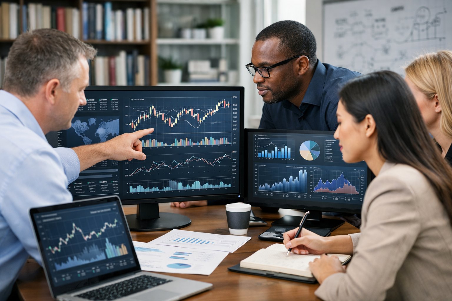 Des professionnels travaillant ensemble dans un bureau moderne avec des écrans affichant des graphiques et des données économiques.