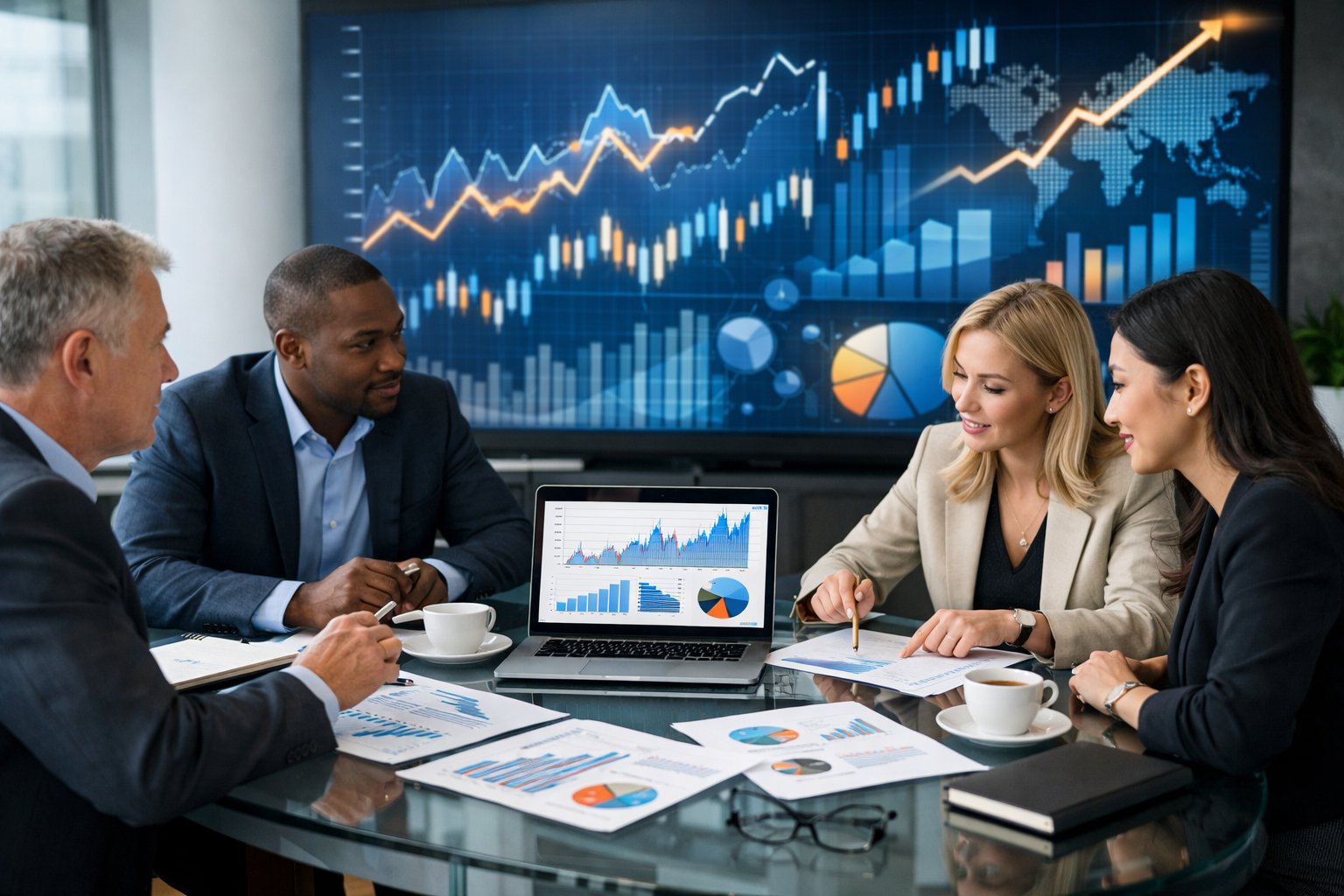 Des professionnels en réunion dans un bureau moderne, analysant des graphiques économiques sur un ordinateur portable et des documents sur une table.