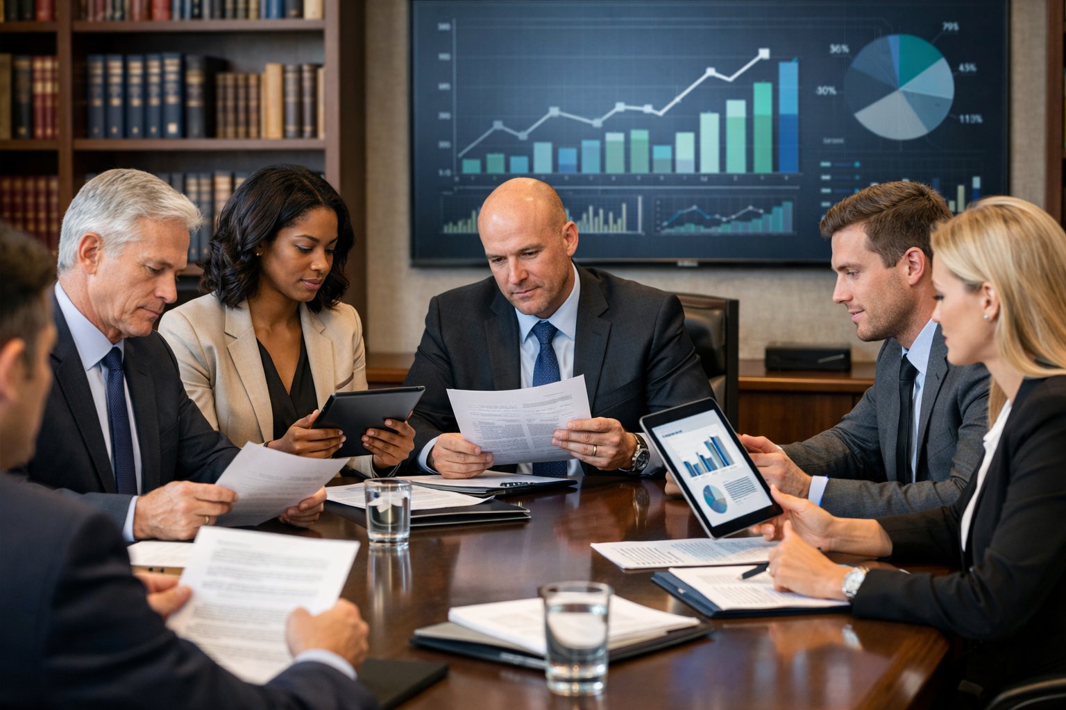 Des professionnels en réunion dans un bureau moderne, examinant des documents et des données liées à l'index INSEE BT19b.