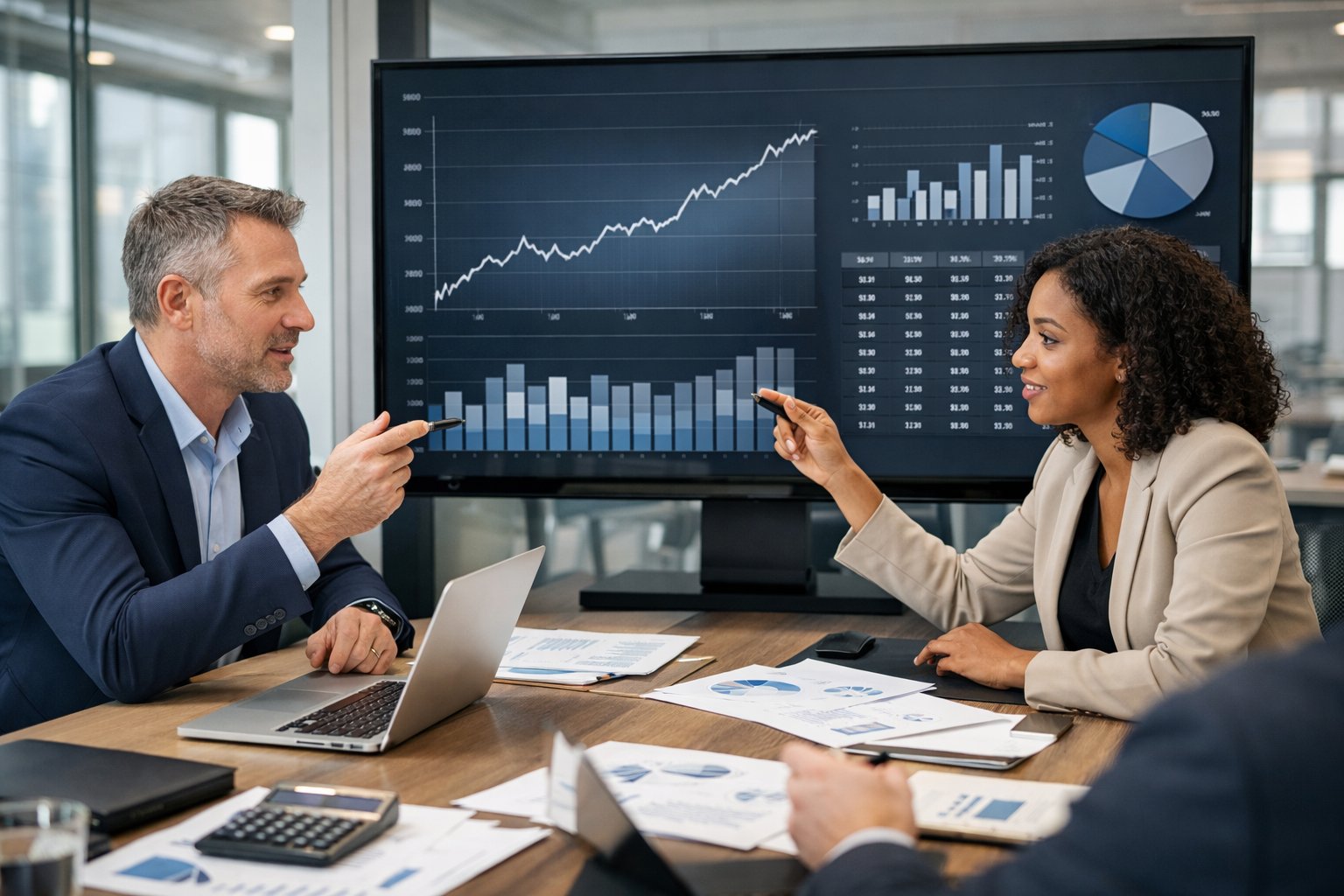 Des professionnels en réunion dans un bureau moderne, discutant devant un écran affichant des graphiques et des données.