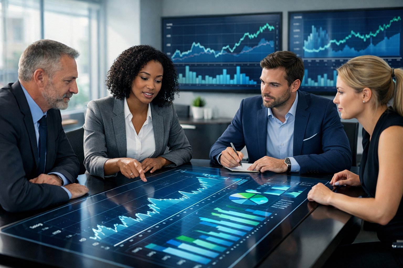Un groupe de professionnels en réunion autour d'une table tactile affichant des graphiques économiques, dans un bureau moderne lumineux.