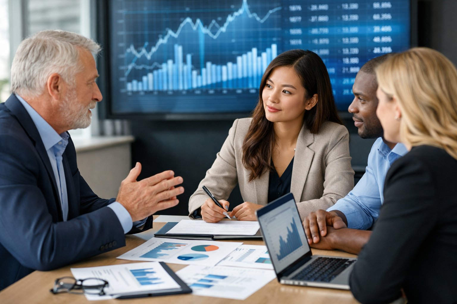 Un groupe de professionnels en réunion dans un bureau moderne avec des ordinateurs portables et des graphiques sur une table, discutant de données statistiques.
