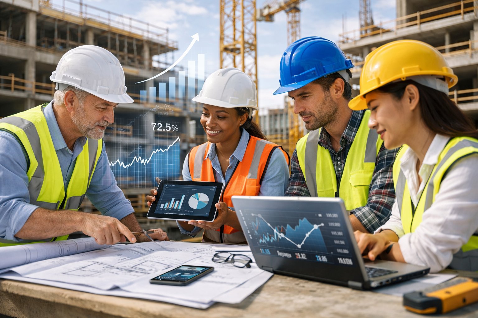 Des ingénieurs et architectes discutant de plans et de données sur un chantier de construction moderne.