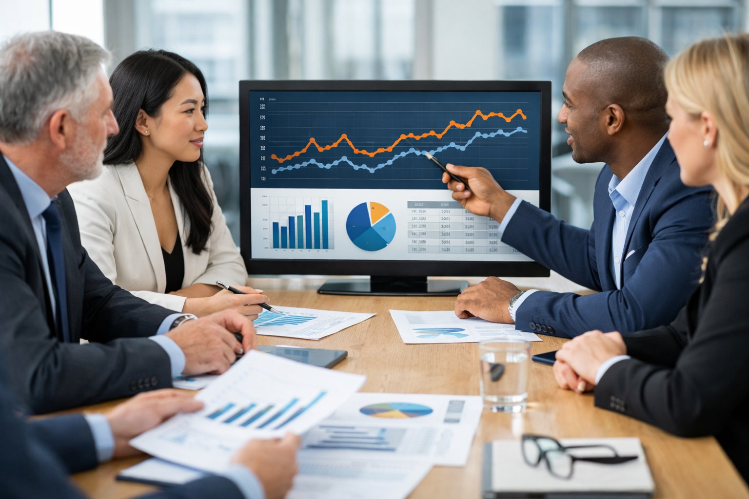 Des professionnels en réunion autour d'une table avec des documents et un écran montrant des graphiques économiques.