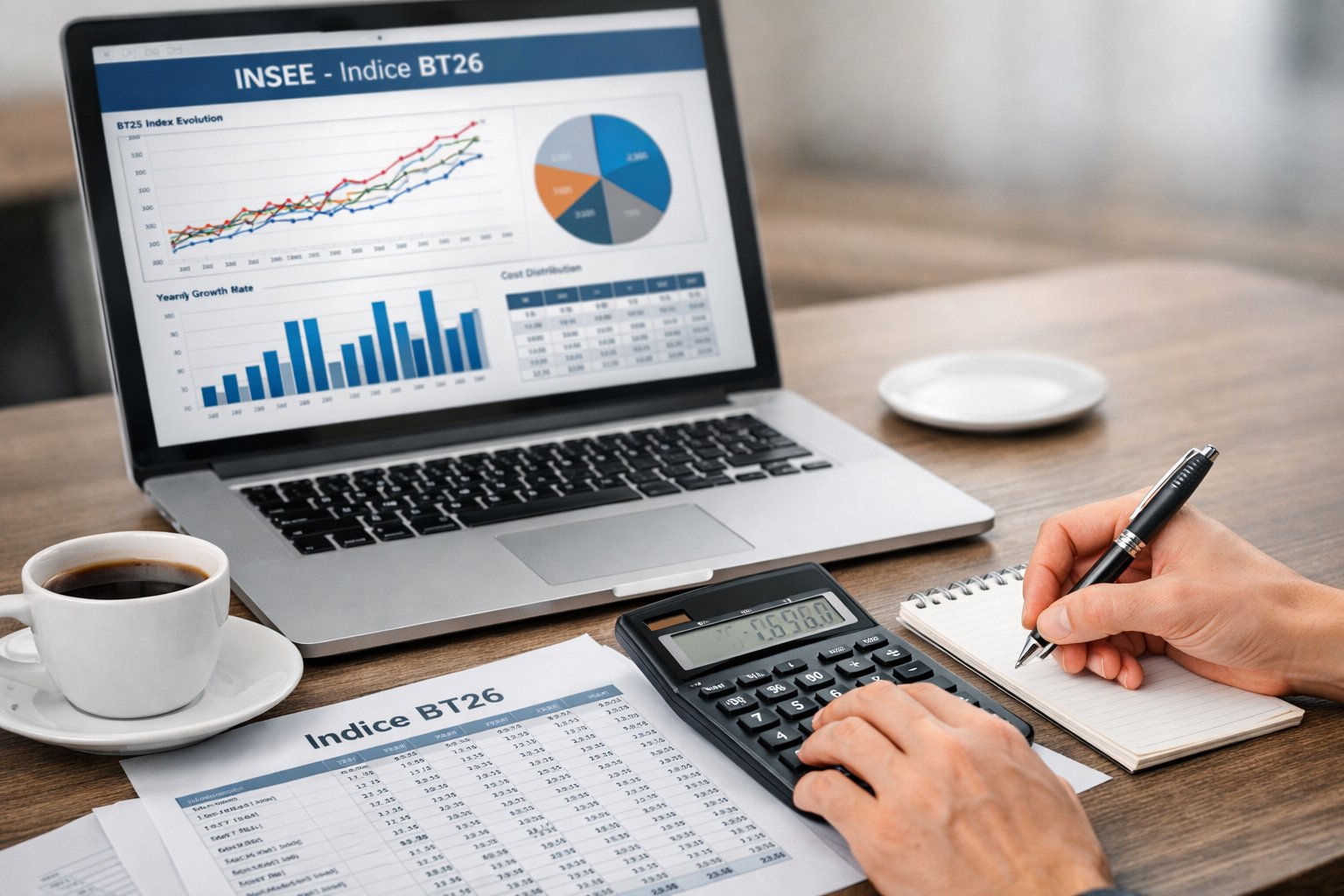 Un bureau moderne avec un ordinateur portable montrant des graphiques, des documents imprimés, une calculatrice et des mains utilisant la calculatrice et prenant des notes.
