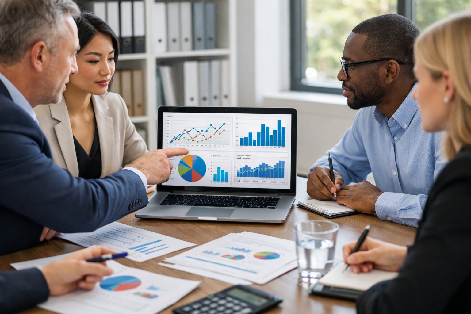 Des professionnels en réunion autour d'une table de conférence avec des documents et un ordinateur portable affichant des graphiques.