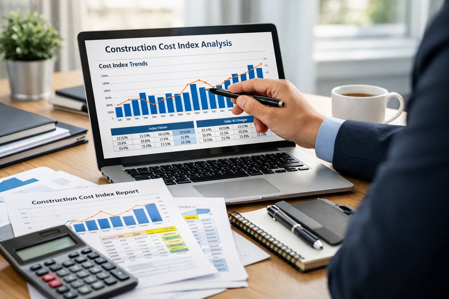 Un professionnel dans un bureau moderne analyse des documents financiers et des graphiques liés aux coûts de construction.