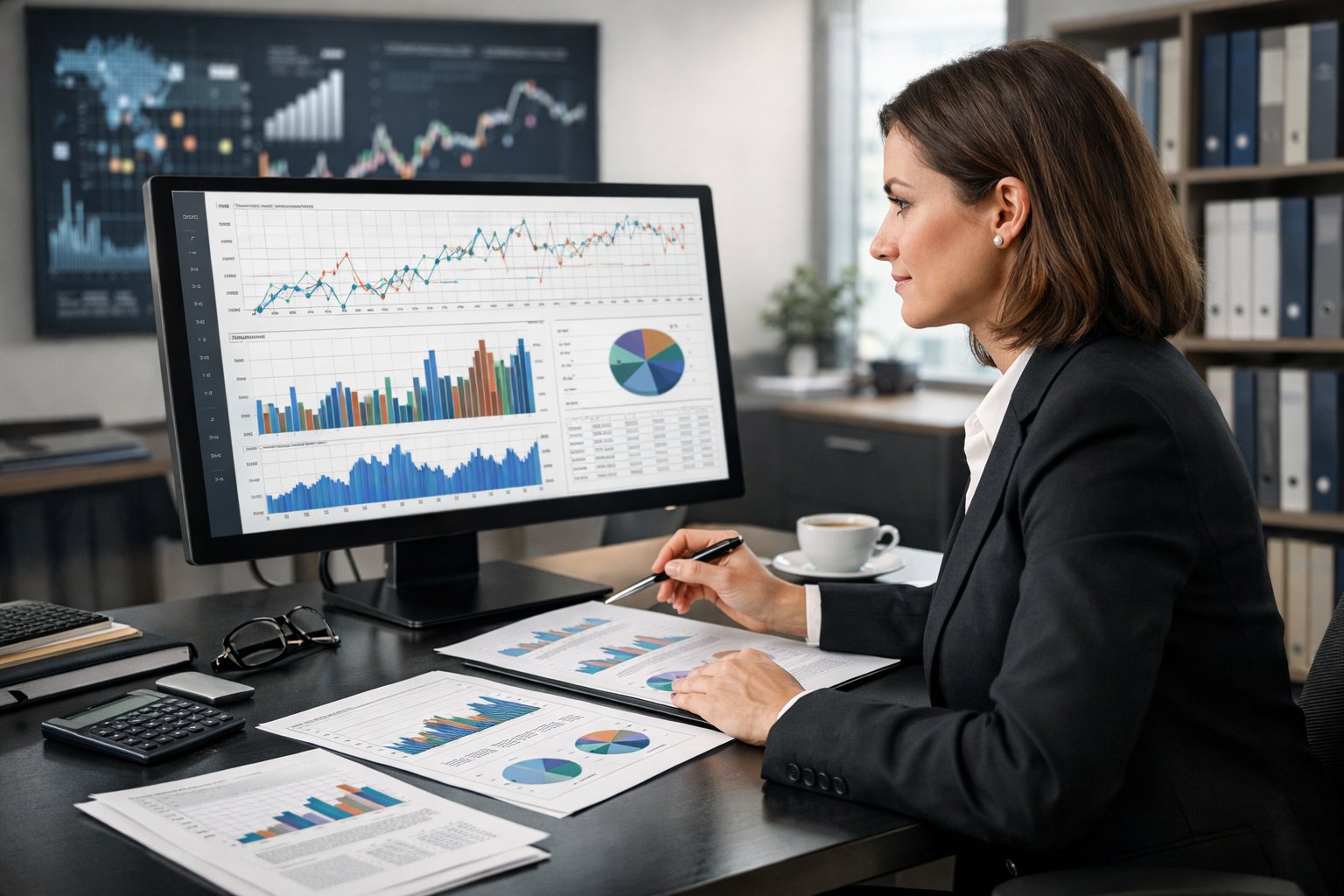 Une femme d'affaires examine des graphiques financiers sur un écran d'ordinateur dans un bureau moderne avec des documents et des données économiques autour d'elle.